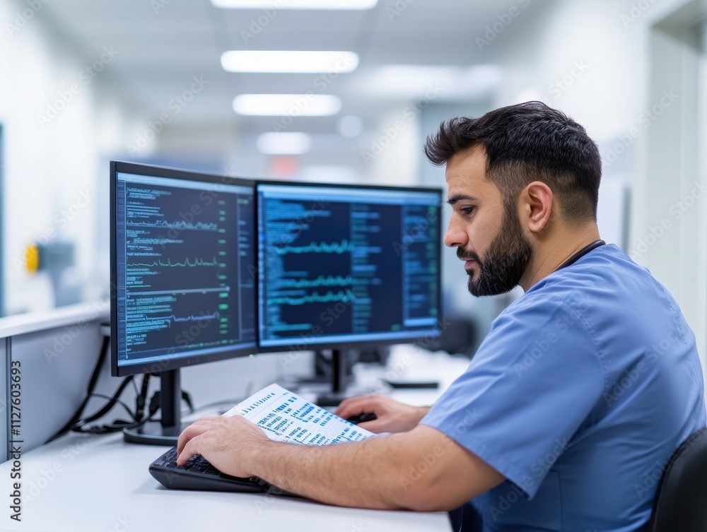 Poster a focused professional analyzes data on dual monitors while working in a modern office environment.