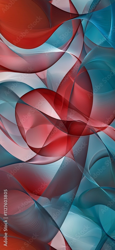 Poster intertwining red and blue lines create dynamic shapes, forming an abstract composition filled with m