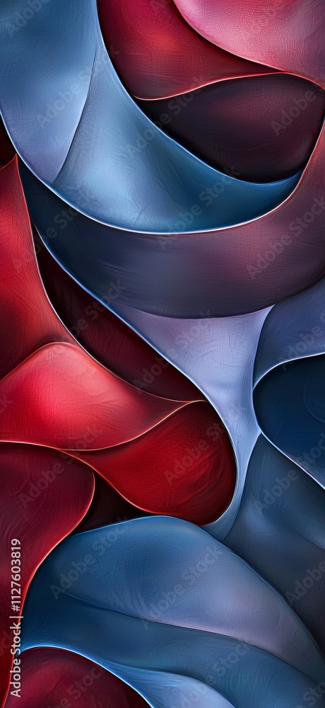 Poster smooth, undulating waves in shades of red and blue intertwine, creating a visually captivating abstr