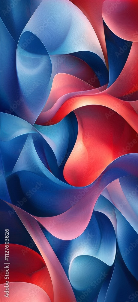 Fototapete Smooth, undulating shapes in vibrant shades of blue and red intertwine and blend, creating a visually captivating abstract composition with a sense of fluidity and movement