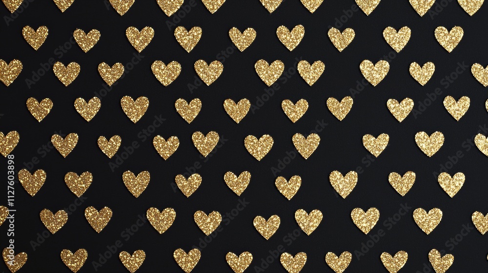 Poster golden glitter hearts are arranged in a regular pattern on a black background, creating a glamorous 