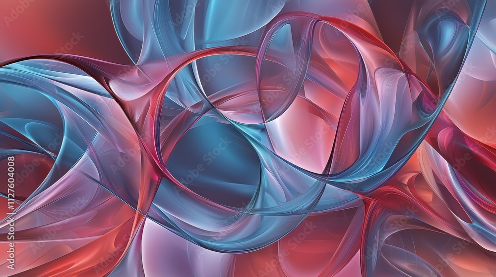 Poster smooth, translucent red and blue shapes intertwine and overlap, creating a dynamic and visually enga