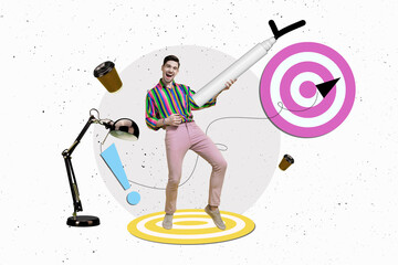 Composite trend artwork sketch image photo collage of office work success business young man hold...