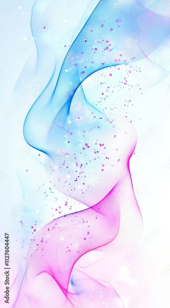 Poster pink and blue particles are flowing and creating a mesmerizing abstract design on a white background