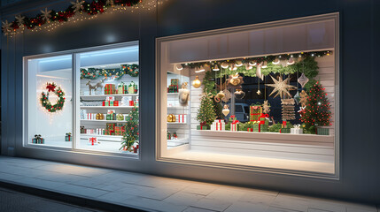 Decorated Store Windows at Night. A beautifully decorated store window showcasing holiday displays, with twinkling lights and festive decor, photographed in the evening