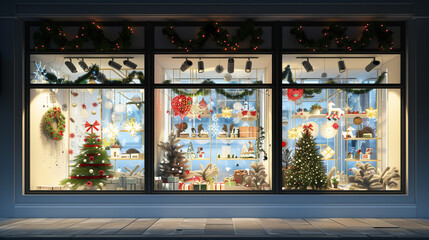 Decorated Store Windows at Night. A beautifully decorated store window showcasing holiday displays, with twinkling lights and festive decor, photographed in the evening