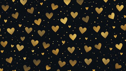 Golden glittering hearts of varying sizes, scattered with small golden dots, form a luxurious and romantic seamless pattern on a sophisticated dark background