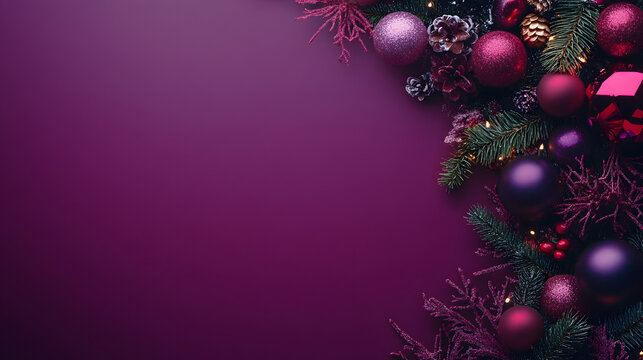 A vibrant display of Christmas decorations featuring classic ornaments and pine branches on a rich purple background, evoking festive and elegant holiday vibes.