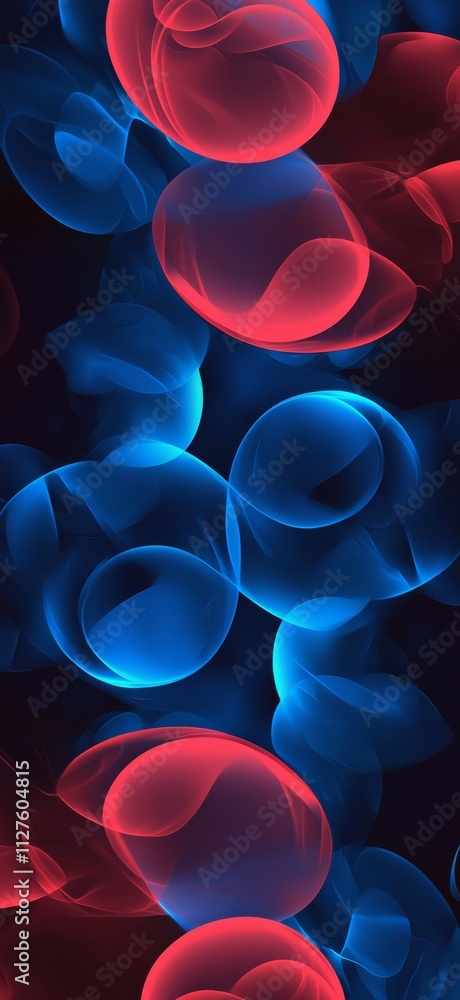 Poster intertwined red and blue abstract shapes evoke a sense of dynamic movement and energy against a dark