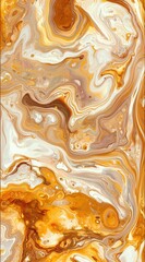 Fluid acrylic painting featuring a captivating mix of warm orange, brown, and white tones, creating swirling patterns and bubbles that evoke luxurious marble textures