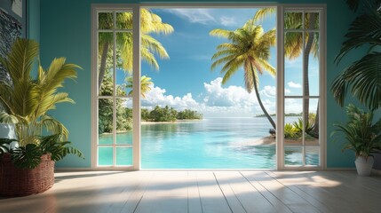 Ocean view through large window, tropical plants.