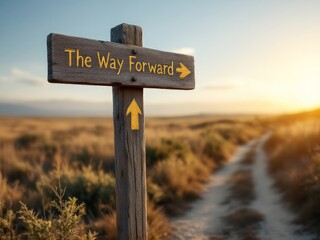 Path of discovery leading into a vibrant sunset with directional sign guiding explorers toward new adventures