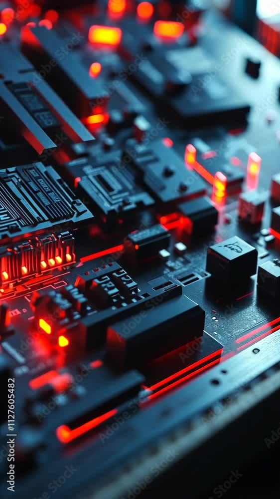 Aufkleber close-up view of a circuit board illuminated by red lights showcasing intricate electronic component