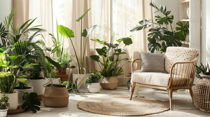 Modern Greenery: Neutral Living Room with Rattan Armchair, Tropical Plants, and Elegant Decor