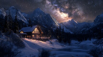 A serene winter landscape featuring a cozy cabin under a starry night sky.