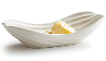 Ceramic dish with block of fresh butter on white background