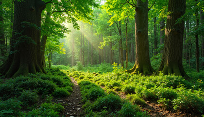 Obraz premium Serene Forest Path with Streaming Sunlight Through Trees with Copy Space