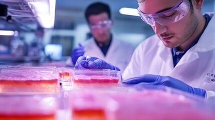 Obraz premium Scientists in lab coats conduct research, examining samples in petri dishes.