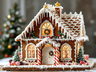 Fototapeta premium Gingerbread house, Christmas, festive, candy, icing, decorations, holiday, sweet, baked, treats, winter, snow, colorful, ornaments, tree, lights, cozy, celebrations, family, tradition, cookies, cakes,