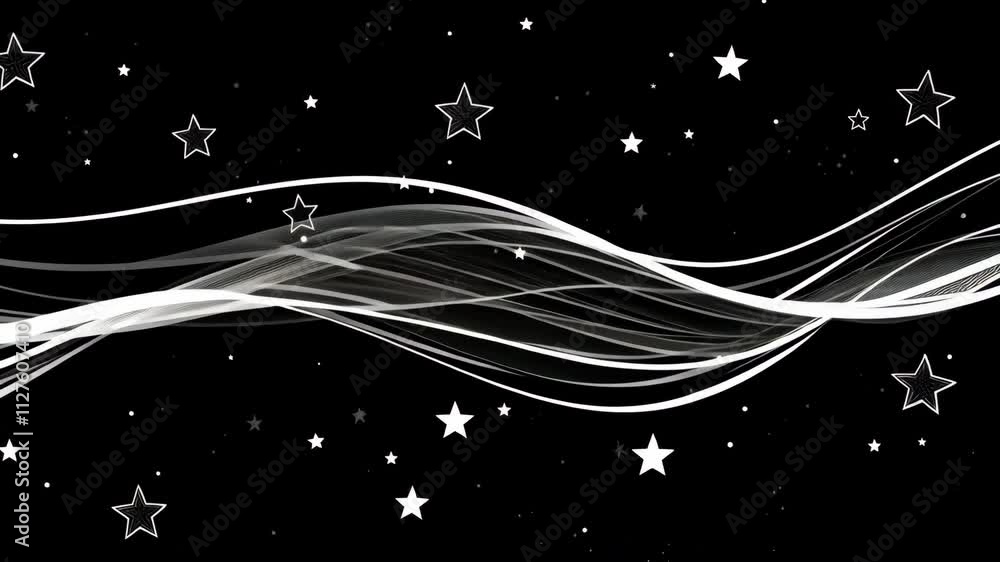 Poster abstract wave of white lines flowing through a starry black background creating a serene cosmic atmo