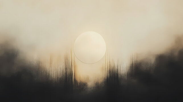 A mystical and dreamlike atmosphere evoked by a blurred white and beige circle composition with subtle golden undertones, ethereal, luminous, allure, shimmering. Mystify. Illustration