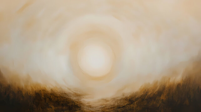 A mystical and dreamlike atmosphere evoked by a blurred white and beige circle composition with subtle golden undertones, glow, surreal, allure. Mystify. Illustration