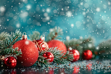 Christmas background with fir branch with red balls, on snowy background, copy space