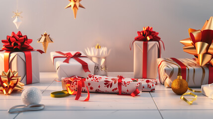 Holiday Gift-Wrapping Station in Store. Show a holiday gift-wrapping station in a store with scissors, wrapping paper, bows, and ribbons, capturing a warm, festive atmosphere