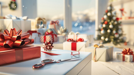 Holiday Gift-Wrapping Station in Store. Show a holiday gift-wrapping station in a store with scissors, wrapping paper, bows, and ribbons, capturing a warm, festive atmosphere