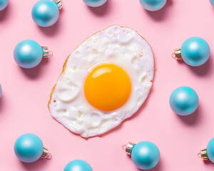 Fried Egg Surrounded by Blue Christmas balls ornaments pattern on Pink pastel Background.