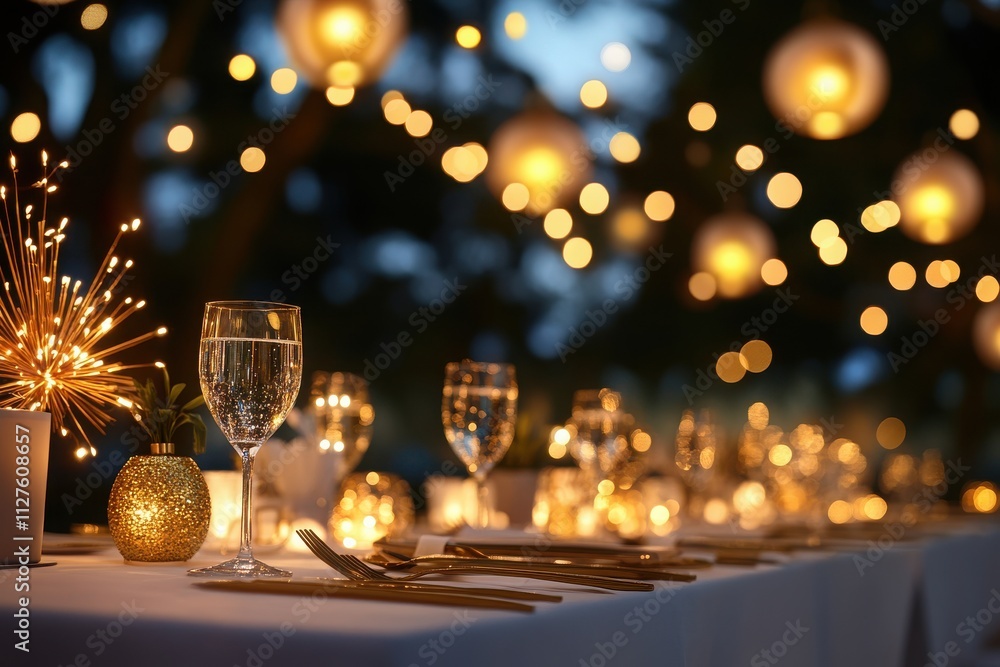 Poster Elegant dinner setting adorned with twinkling lights and candles, creating a warm and inviting atmosphere for social gatherings.