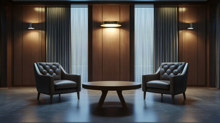 Fototapeta premium Elegant waiting area with two leather armchairs, a round wooden table, and chic wall lamps, providing a refined and cozy ambiance