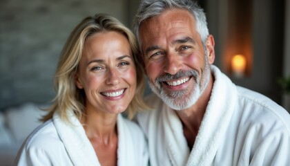 Obraz premium A joyful mature couple wearing robes, enjoying a relaxing moment in a serene spa ambience. Candles in the background create a warm and peaceful atmosphere.