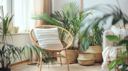 Fototapeta premium Natural Elegance: Neutral Living Room with Rattan Armchair and Tropical Plants