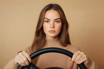 Stunning young woman confidently posing with a steering wheel on a soft beige background