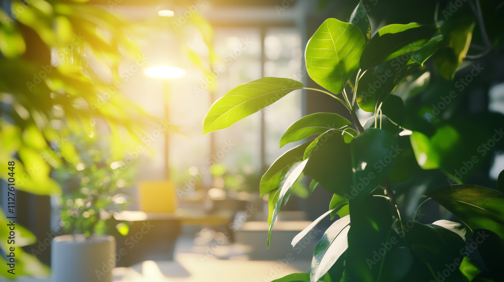 Poster potted plants add a touch of nature to a sunlit modern office space, creating a refreshing and vibra