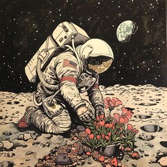 Illustration of an astronaut on the moon in a spacesuit planting flowers against a background of starry sky and Earth. Concept of space and nature connection, symbol of harmony.