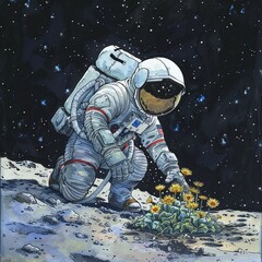 Illustration of an astronaut on the moon in a spacesuit planting flowers against a background of starry sky and Earth. Concept of space and nature connection, symbol of harmony.