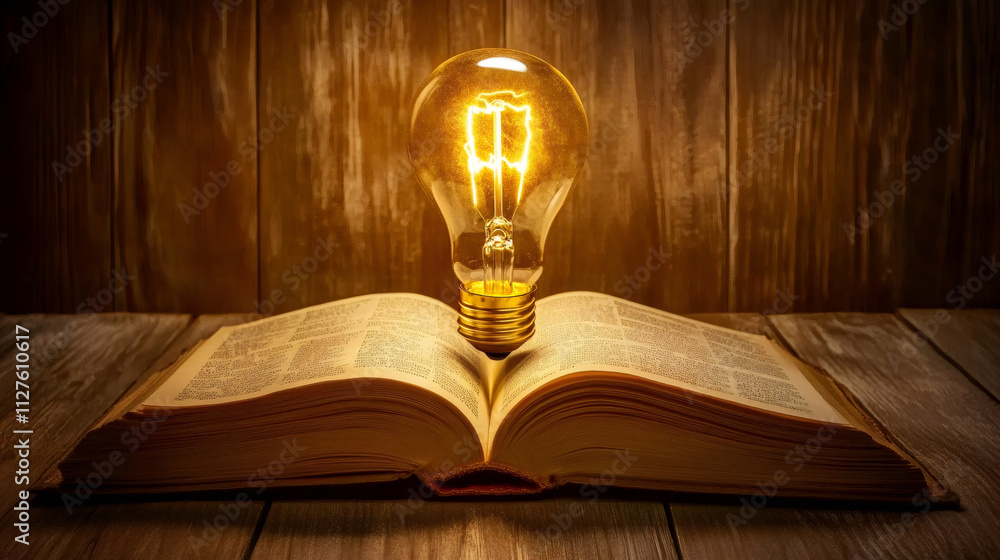 Poster light bulb shining on an open book on a rustic wooden table, symbolizing knowledge, creativity, and 