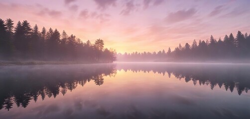 Pastel colored sunrise over a serene lake with gentle mist, calm water, natural beauty, reflective surface
