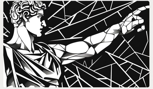 An antique hero pointing the way. Black and white animistic design. A versatile image that can be used in a variety of projects.