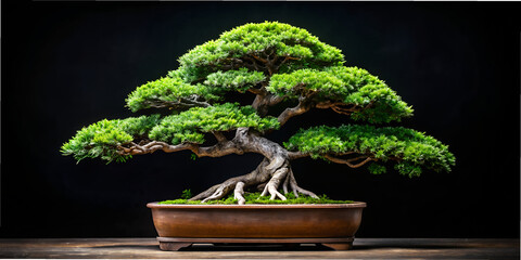 Bonsai tree in a pot creates an elegant centerpiece against a black background showcasing intricate branches and lush foliage wallpaper background