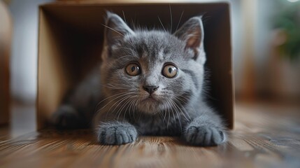 Adorable grey kitten peeking from cardboard box on wooden floor.
