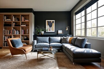 Fototapeta premium Modern Living Area with Trendy Sectional Sofa Bookshelf and Bright Sunlit Window