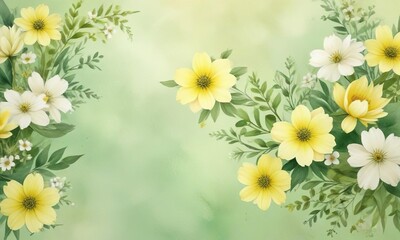 Fototapeta premium Pastel yellow and green watercolor background with delicate flowers, landscape, foliage