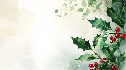 A cute Christmas-themed poster background with watercolor elements, featuring misty holly leaves and berries in the top right corner,



