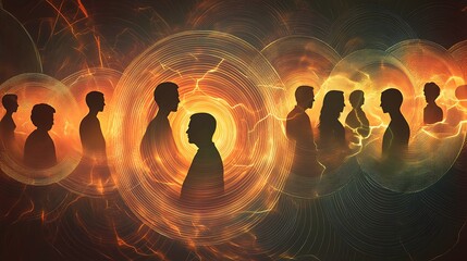 Silhouetted figures in glowing energy circles, symbolizing connection and community.