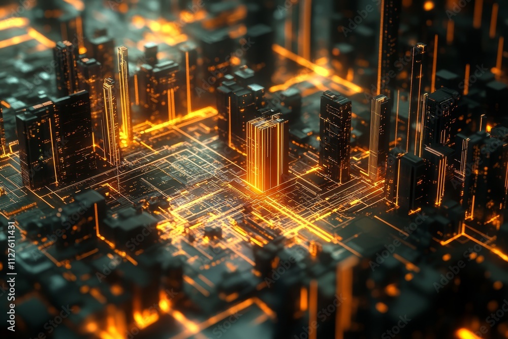 Aufkleber abstract digital cityscape featuring illuminated lines and data elements in a modern aesthetic