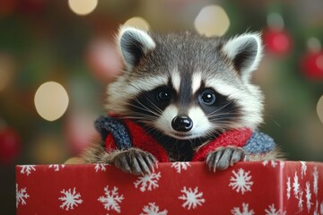 A playful raccoon in a festive vest peeks out of a gift box.