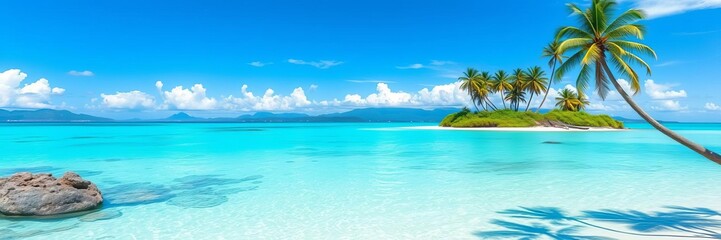 Beautiful tropical beach with white sand, crystal clear turquoise water, palm trees, and colorful coral reefs, surrounded by lush greenery and a clear blue sky overhead, blue sky, white sand